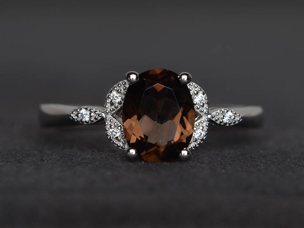 Jubiläumsring Natürlicher Rauchquarz Ring Sterling Silber Oval Geschliffene Edelsteine Braunen Edelstein von XiaoCuiJewelry
