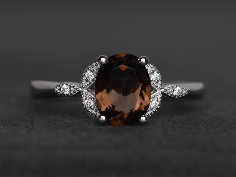 Jubiläumsring Natürlicher Rauchquarz Ring Sterling Silber Oval Geschliffene Edelsteine Braunen Edelstein von XiaoCuiJewelry