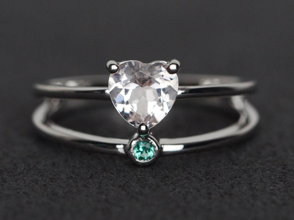 Morganit Ring Natürliche Verlobungsring Herz Geschnitten Doppelband Silber Krappenfassung von XiaoCuiJewelry
