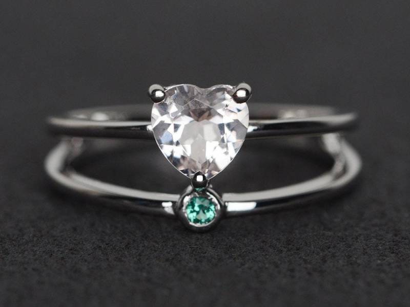 Morganit Ring Natürliche Verlobungsring Herz Geschnitten Doppelband Silber Krappenfassung von XiaoCuiJewelry