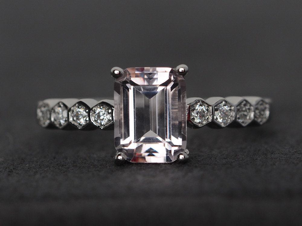 Morganit Ring Verlobungsring Silber Smaragdschliff Rosa von XiaoCuiJewelry