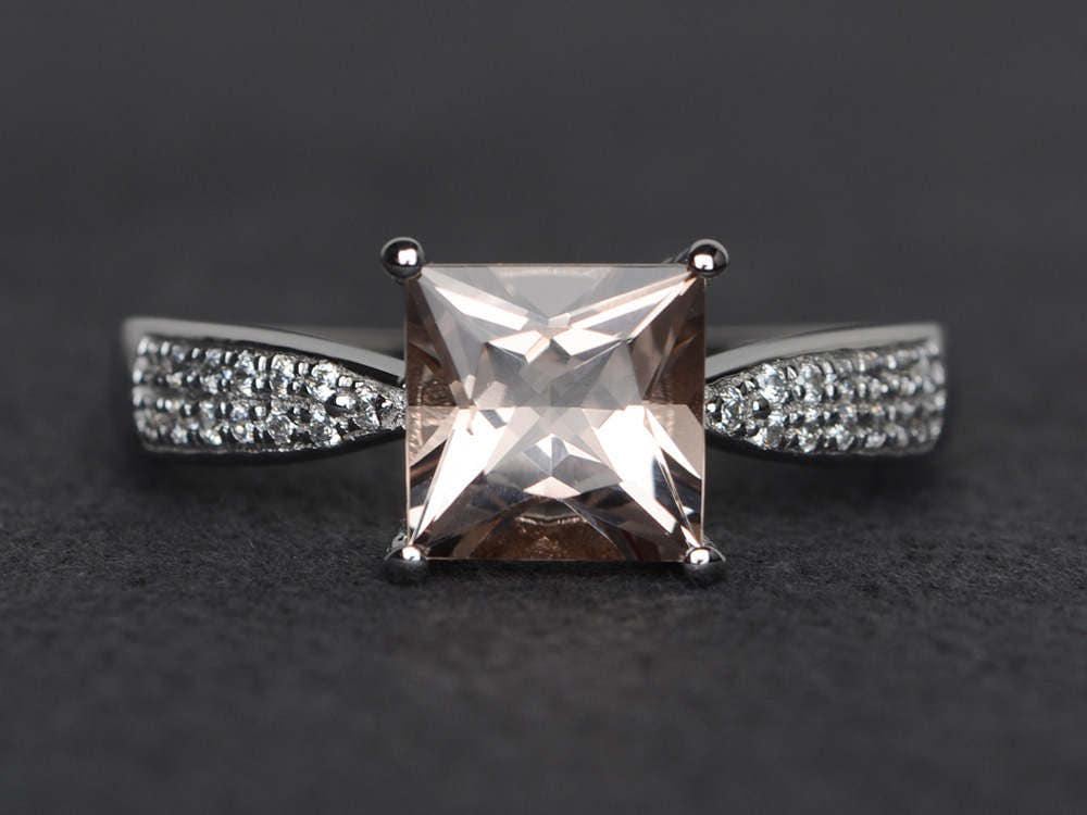 Morganit Verlobungsring Rosa Edelstein Ring Princess Cut Silber Ehering von XiaoCuiJewelry