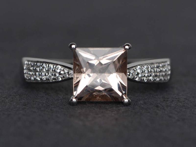 Morganit Verlobungsring Rosa Edelstein Ring Princess Cut Silber Ehering von XiaoCuiJewelry