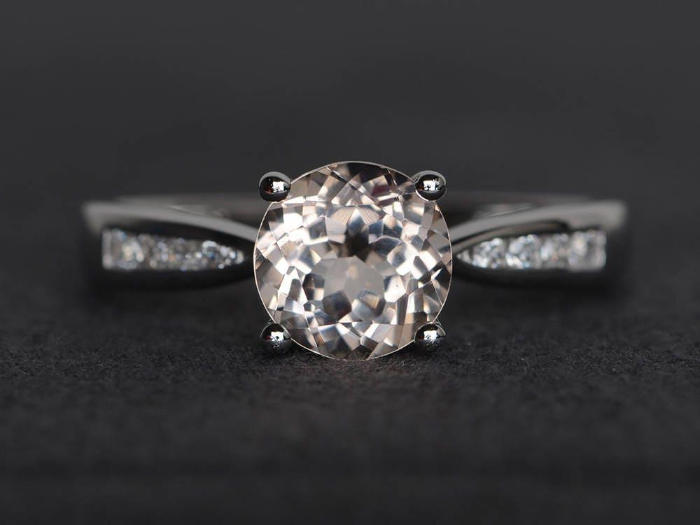 Morganit Verlobungsring Rosa Edelstein Ring Sterling Silber Rundschliff Versprechen von XiaoCuiJewelry