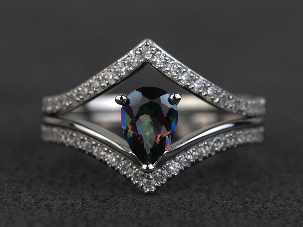 Mystic Topas Ring Set Regenbogen Mystisch Silber Edelstein Ringe Birnenschliff Trauring Verlobungsringe Stapelring von XiaoCuiJewelry