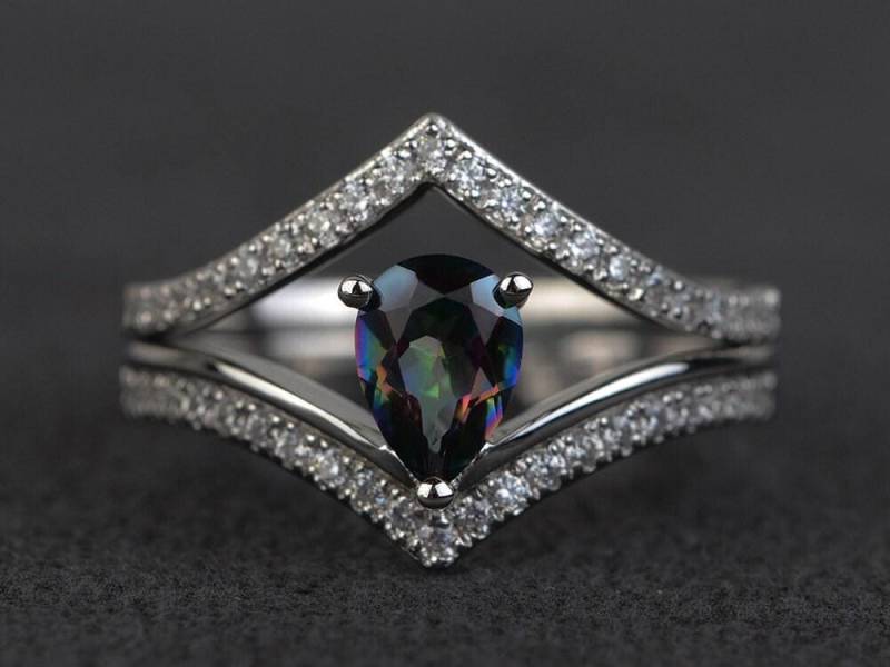 Mystic Topas Ring Set Regenbogen Mystisch Silber Edelstein Ringe Birnenschliff Trauring Verlobungsringe Stapelring von XiaoCuiJewelry