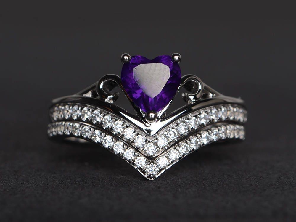 Natürliche Amethyst Ring Hochzeit Sterling Silber Herz Geschnitten Edelsteine Lila Edelstein Februar Geburtsstein Braut-Sets von XiaoCuiJewelry