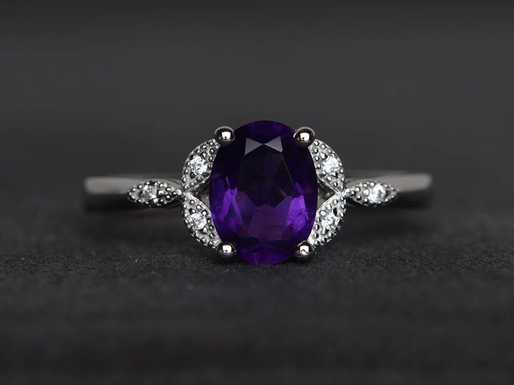 Natürliche Amethyst Ring Versprechen Februar Geburtsstein Sterling Silber Oval Geschnittene Edelsteine Lila Edelstein von XiaoCuiJewelry
