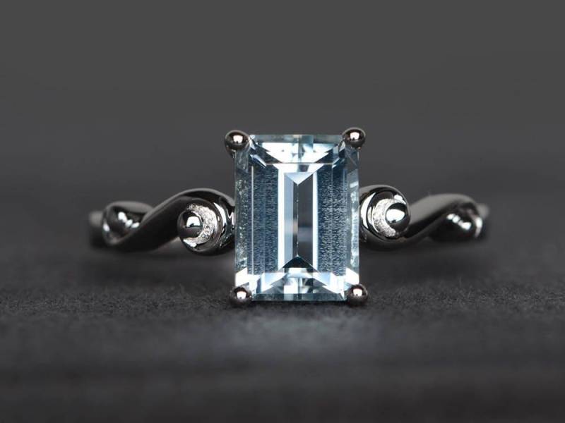 Natürliche Aquamarin Ring Versprechen März Geburtsstein Blaue Edelsteine Smaragd Geschnitten Edelstein Sterling Silber von XiaoCuiJewelry