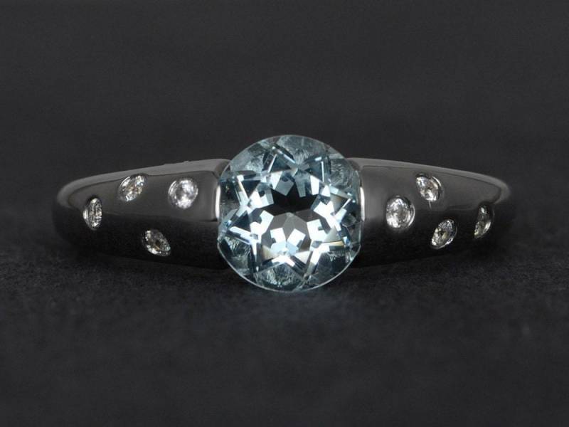 Natürliche Aquamarinring Silber Vorschlag Ring Runden Geschnittenen Aquamarin Lünette Verlobungsring von XiaoCuiJewelry