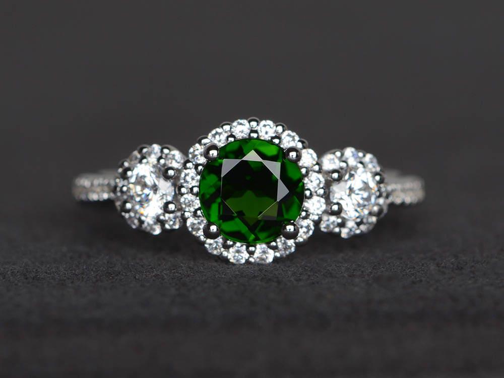 Natürliche Chromdiopsid Ring Jubiläumsring Runden Geschnittenen Grünen Edelstein Echter Sterling Silberring von XiaoCuiJewelry