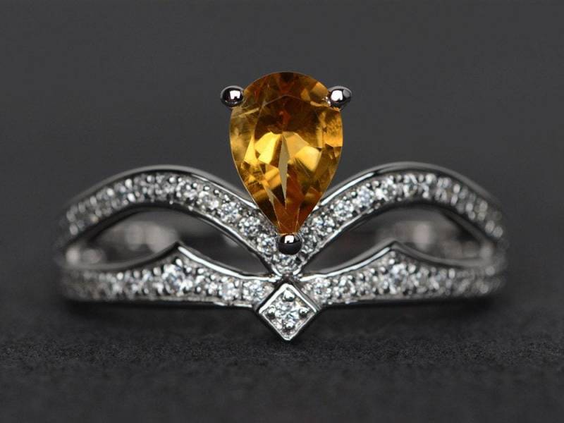 Natürliche Citrin Ring Birne Geschnitten November Geburtsstein Gelb Kristall Edelstein von XiaoCuiJewelry