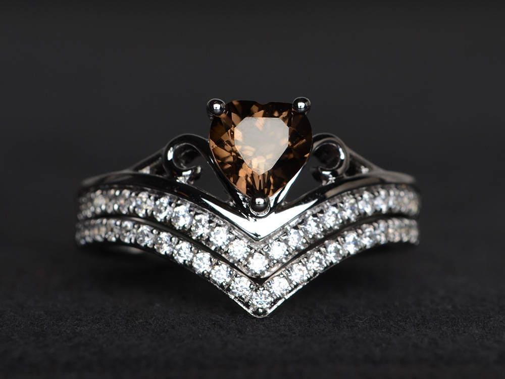 Natürliche Rauchquarz Ring Cocktail-Party-Ring Ovale Edelsteine Braun Edelstein Sterling Silber Brautschmuck Sets von XiaoCuiJewelry