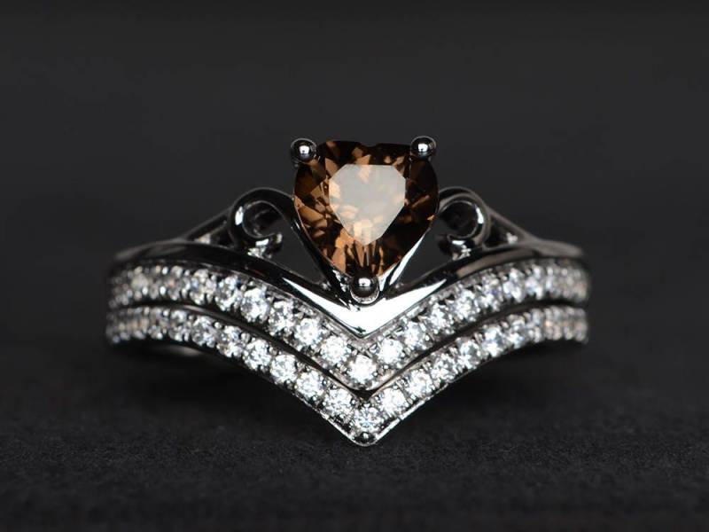 Natürliche Rauchquarz Ring Cocktail-Party-Ring Ovale Edelsteine Braun Edelstein Sterling Silber Brautschmuck Sets von XiaoCuiJewelry