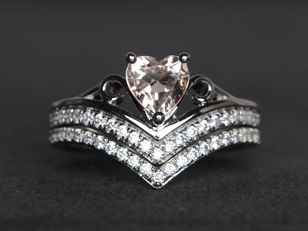 Natürliche Rosa Morganit Ring Verlobungsring Ovalschliff Edelsteine Edelstein Sterling Silber Brautschmuck Sets von XiaoCuiJewelry