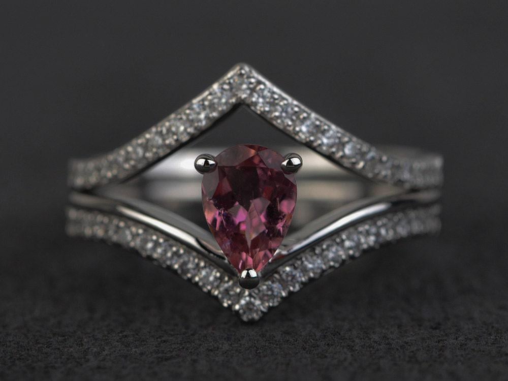 Natürliche Turmalin Ring-Set Rosa Edelstein Ring Verlobungsring Silber Birne Oktober Geburtsstein von XiaoCuiJewelry