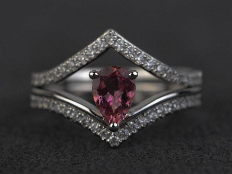 Natürliche Turmalin Ring-Set Rosa Edelstein Ring Verlobungsring Silber Birne Oktober Geburtsstein von XiaoCuiJewelry