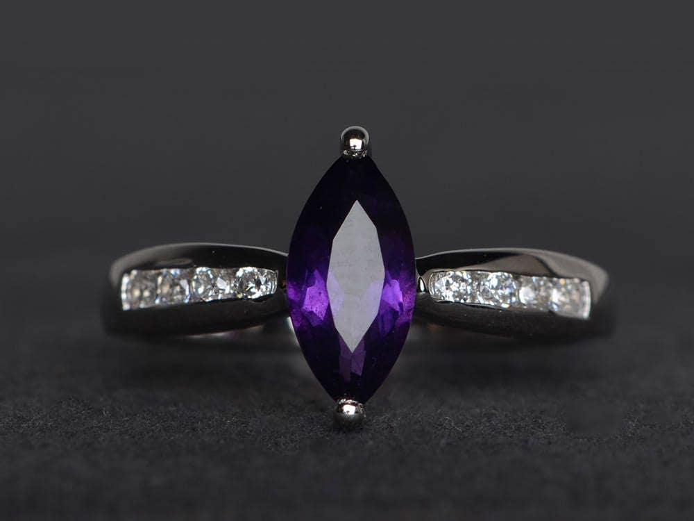 Natürlicher Amethyst Ring Versprechen Februar Geburtsstein Marquise Schnitt Lila Edelstein Sterling Silber von XiaoCuiJewelry