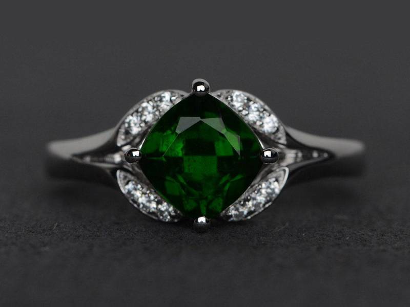 Natürlicher Diopsidring Chromdiopsidring Grüner Verlobungsring Edelsteinring Jahrestagsring Silber von XiaoCuiJewelry