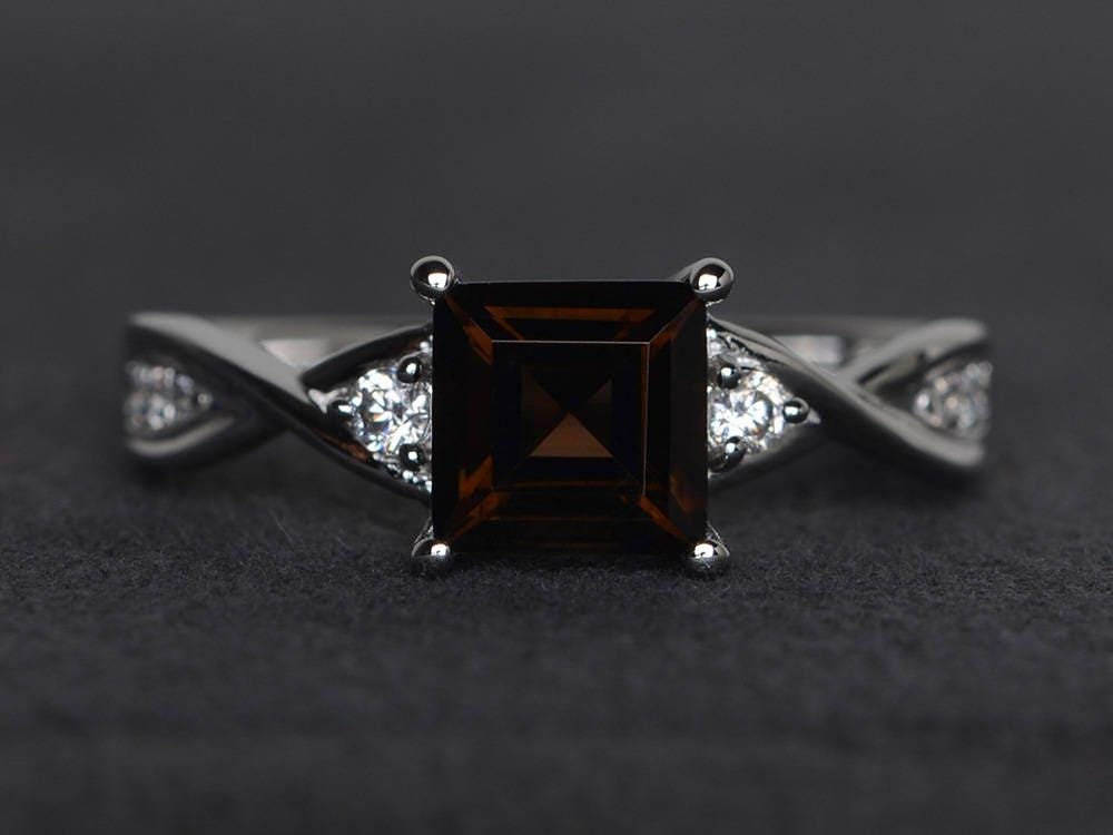 Natürlicher Rauchquarzring Quadratschliff Verlobungsring Sterling Silberring Edelsteinring Versprechensring von XiaoCuiJewelry
