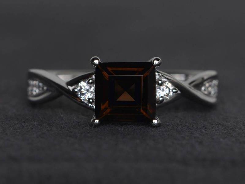 Natürlicher Rauchquarzring Quadratschliff Verlobungsring Sterling Silberring Edelsteinring Versprechensring von XiaoCuiJewelry