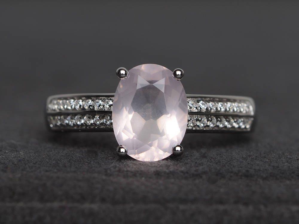 Natürlicher Rosa Quarzring Ovalschliff Edelstein Sterling Silber Ring Fassung von XiaoCuiJewelry
