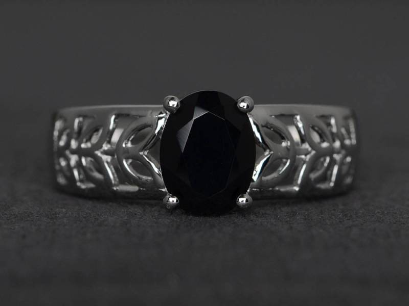 Oval Geschnittene Schwarze Edelstein Natürliche Spinell Zusage Ring Sterling Silber Solitär Form Verlassen von XiaoCuiJewelry
