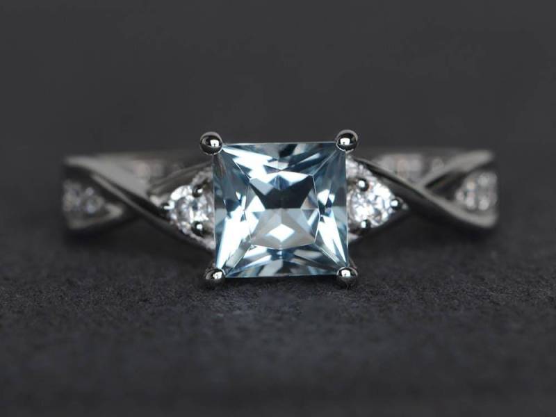 Princess Cut Aquamarin Verlobungsring Sterling Silber Ring März Geburtsstein von XiaoCuiJewelry
