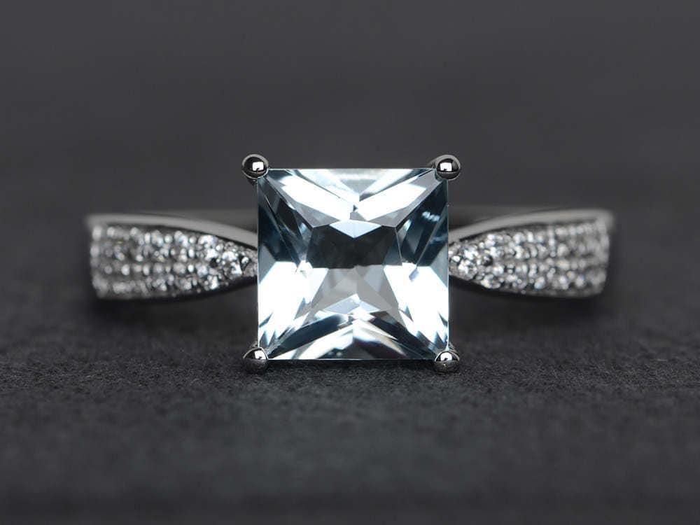 Princess Cut Brillanten Aquamarin Ring Verlobungsring Silber Blau Edelstein Versprechen März Geburtsstein von XiaoCuiJewelry