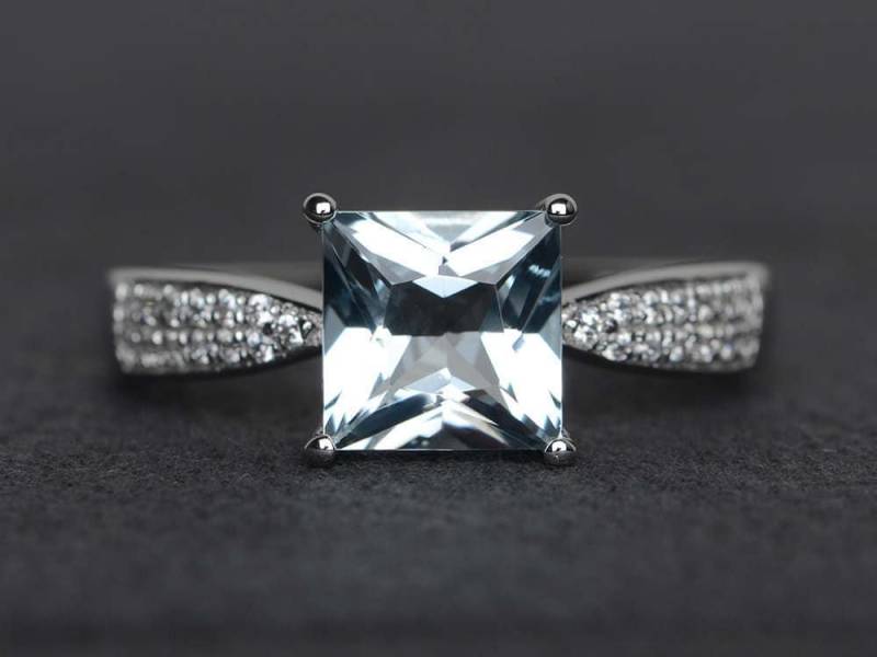 Princess Cut Brillanten Aquamarin Ring Verlobungsring Silber Blau Edelstein Versprechen März Geburtsstein von XiaoCuiJewelry