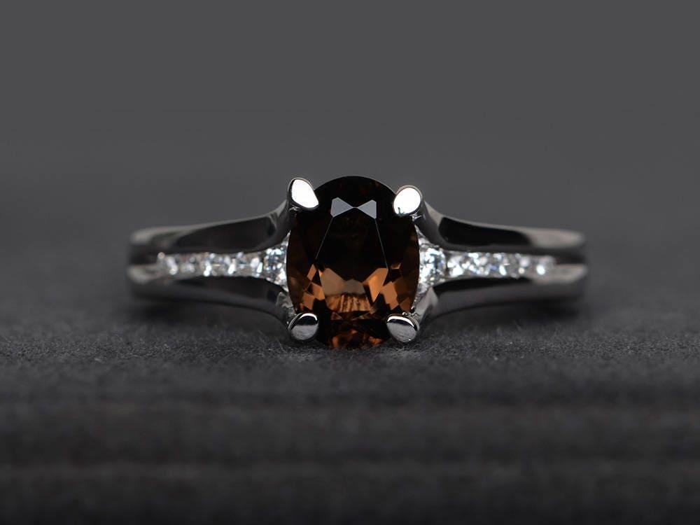 Rauchquarz Ring Ovaler Brauner Edelsteinring Verlobungsring von XiaoCuiJewelry
