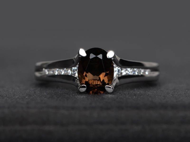 Rauchquarz Ring Ovaler Brauner Edelsteinring Verlobungsring von XiaoCuiJewelry