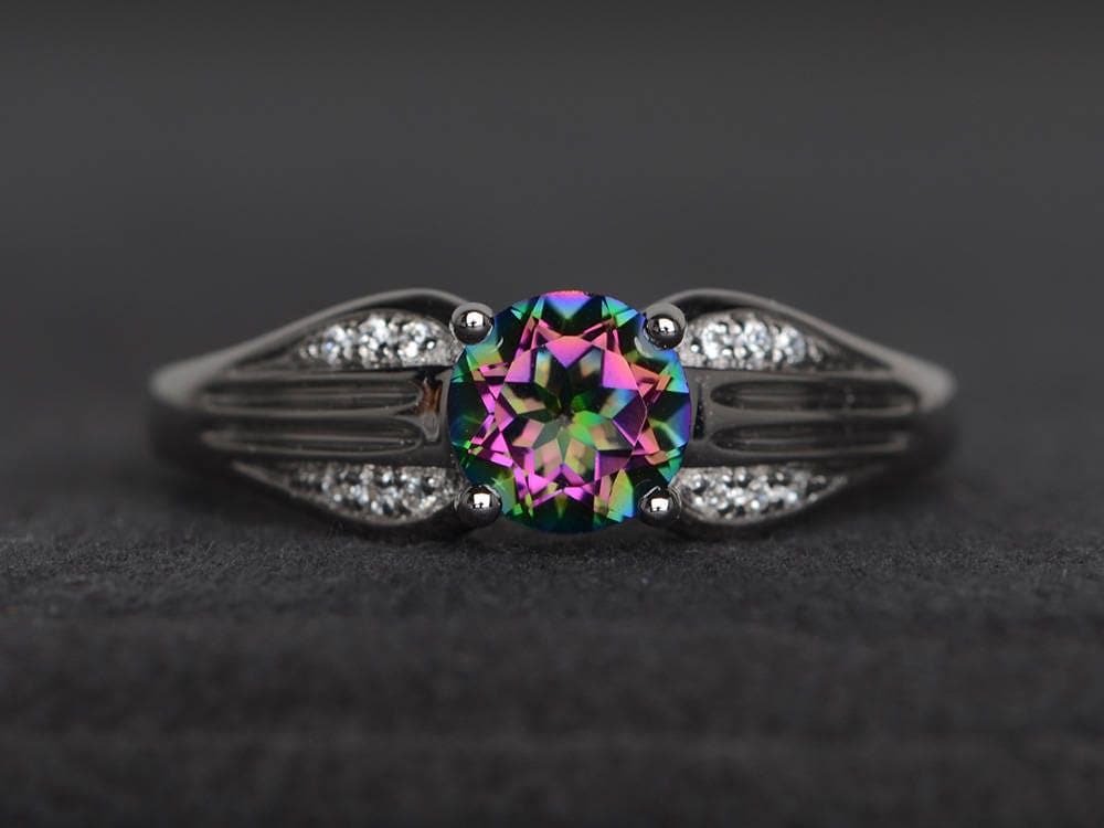 Regenbogen-Topasring Rund Geschliffener Regenbogen-Edelstein Sterling Silber Ring von XiaoCuiJewelry