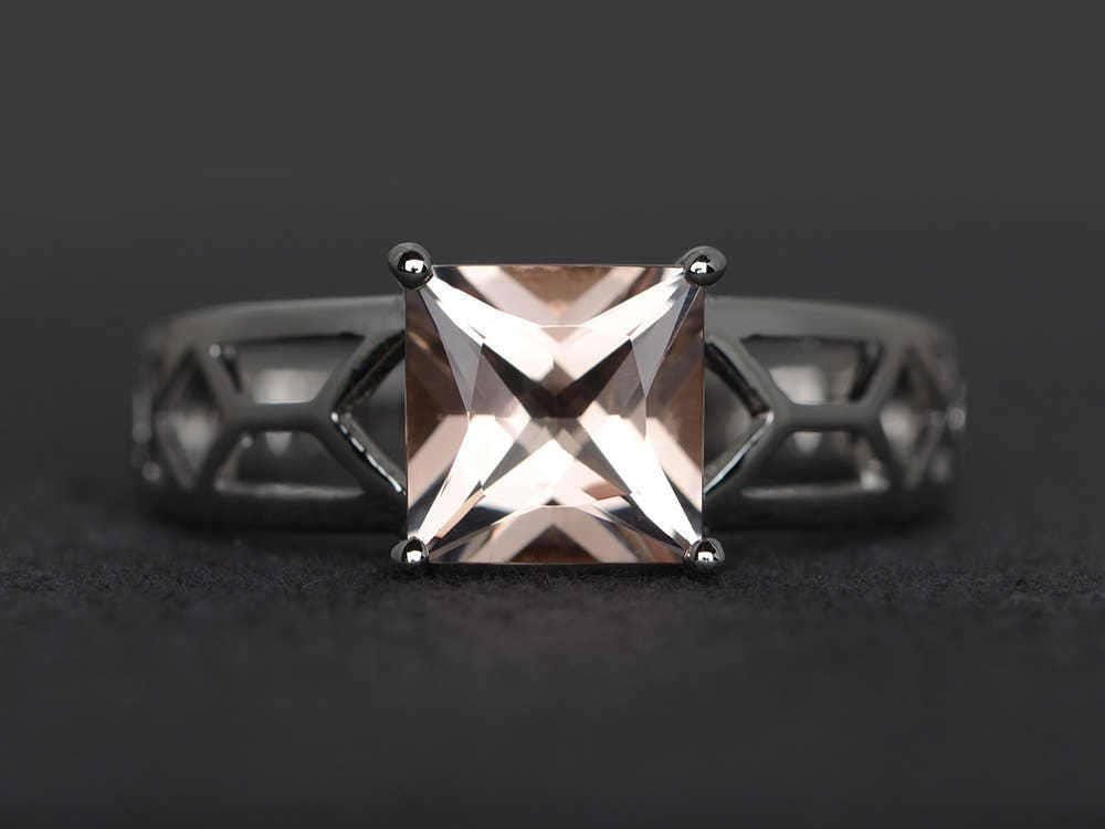 Rosa Morganit Ring Pink Verlobungsring Edelstein Prinzessinschliff Sterling Silber Solitär von XiaoCuiJewelry