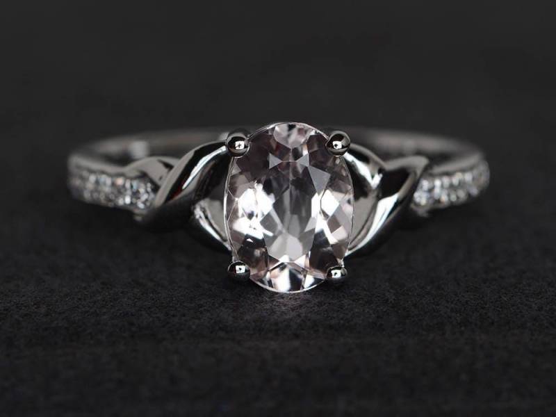 Rosa Morganit Ring Verlobungsring Sterling Silber Oval Edelstein von XiaoCuiJewelry