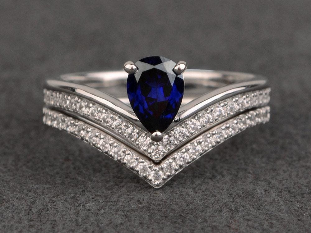 Saphir Ring Set Sapphire Ringe Birnenschliff Blau Edelstein Silber Brautsring von XiaoCuiJewelry
