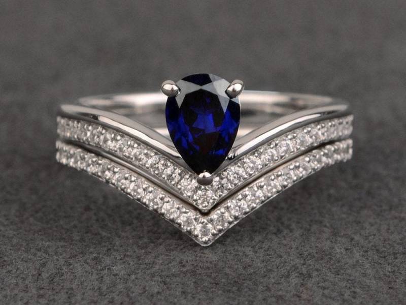Saphir Ring Set Sapphire Ringe Birnenschliff Blau Edelstein Silber Brautsring von XiaoCuiJewelry