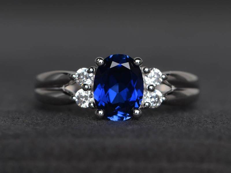Saphir Ring Sterling Silber Ovalschliff September Geburtsstein Blauer Edelstein Doppelband Verlobungsring Für Frauen von XiaoCuiJewelry