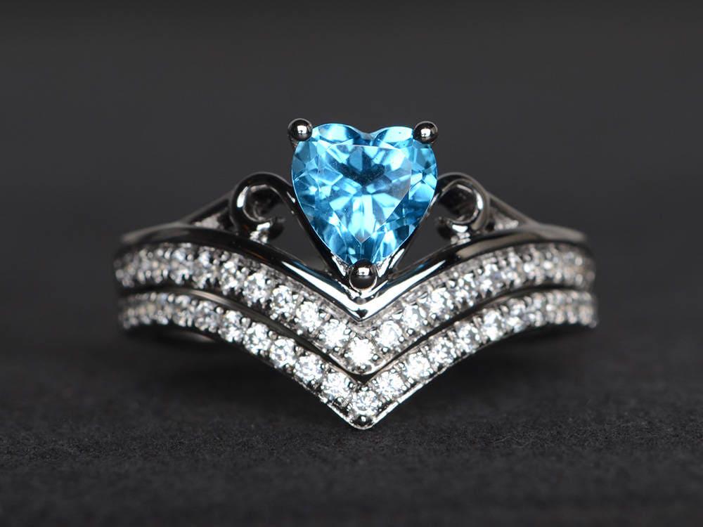 Schweizer Blautopas Ring Herzring Blauer Edelstein Braut Schmuck Ringen von XiaoCuiJewelry
