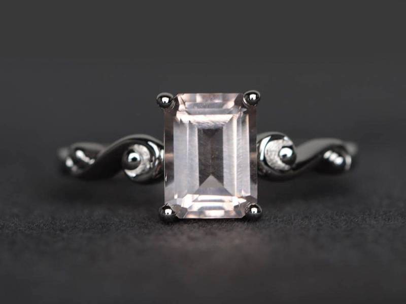 Smaragdschliff Verlobungsring Natürliche Rosa Morganit Ring Edelstein Sterling Silber von XiaoCuiJewelry