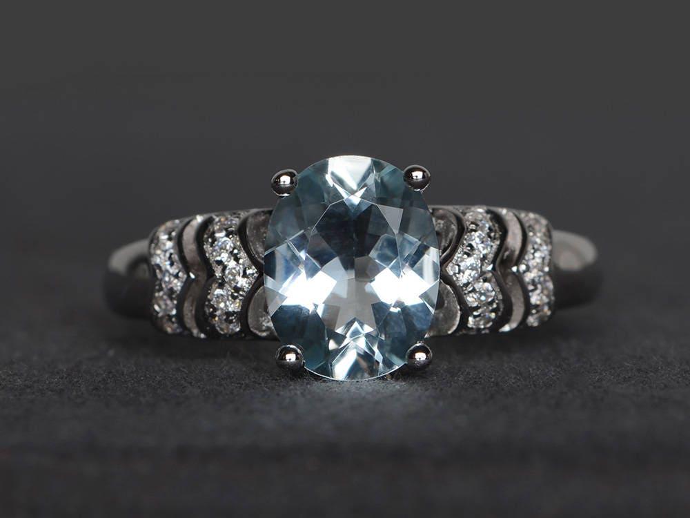 Versprechen Ring Natürliche Aquamarin Oval Geschnitten Blaue Edelstein Sterling Silber März Geburtsstein von XiaoCuiJewelry