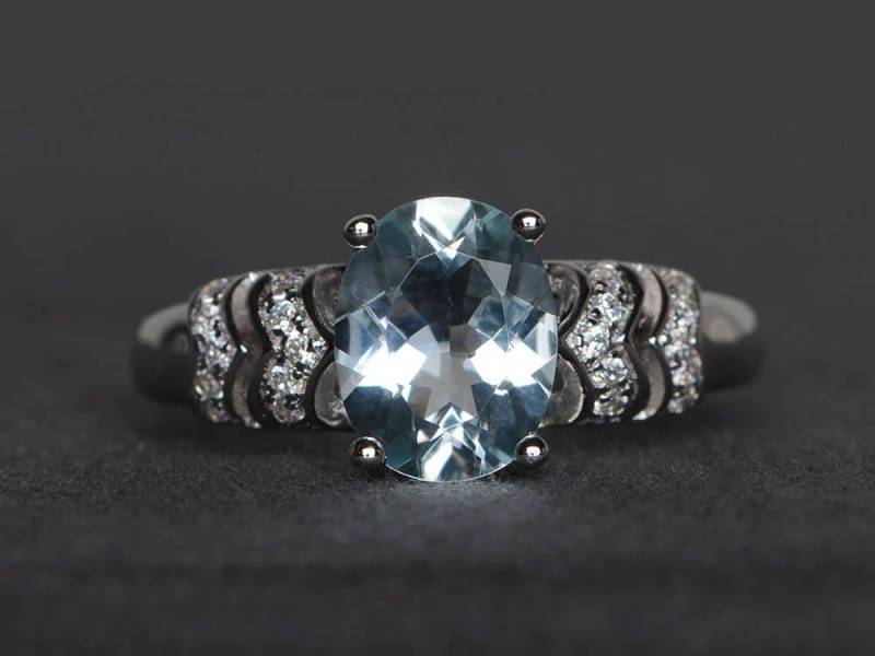 Versprechen Ring Natürliche Aquamarin Oval Geschnitten Blaue Edelstein Sterling Silber März Geburtsstein von XiaoCuiJewelry