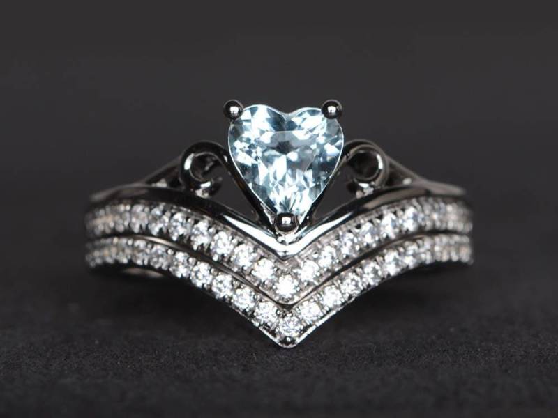 Versprechen Ring Natürliche Aquamarin Ovale Edelsteine Blaue Edelstein März Geburtsstein Braut-Sets Sterling Silber von XiaoCuiJewelry