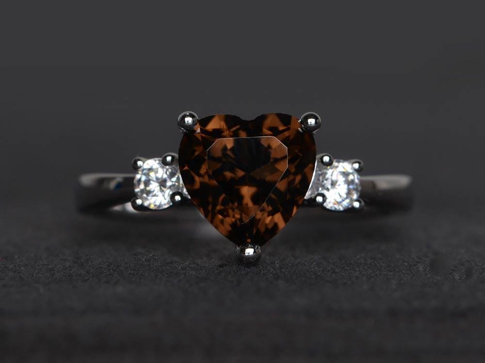 Versprechen Ring Natürliche Rauchquarz Herz Geschnitten Braun Edelstein Sterling Silber von XiaoCuiJewelry