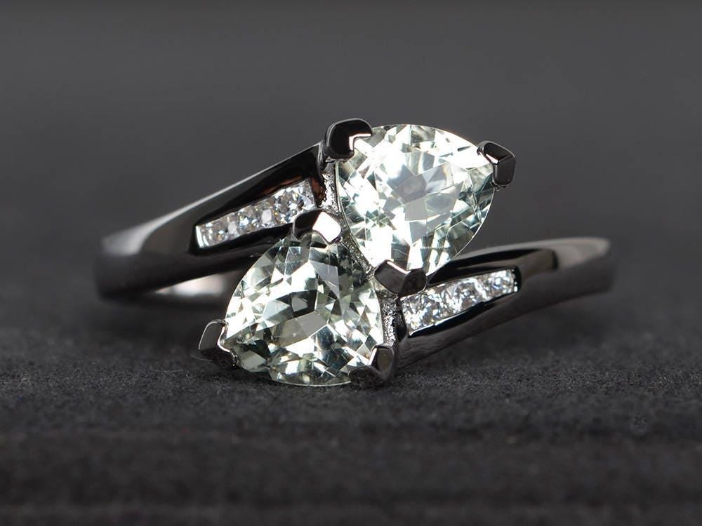 Versprechen Ring Natürlichen Grünen Amethyst Doppel Edelsteine Trillion Geschnittenen Edelstein Sterling Silber von XiaoCuiJewelry