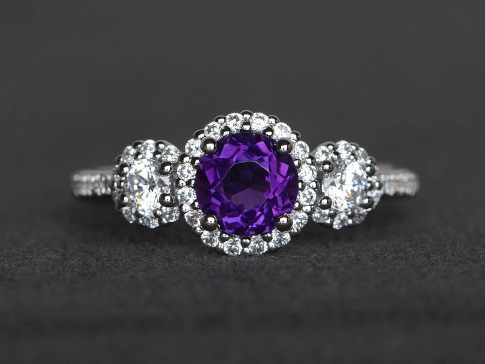 Versprechen Ring Runde Natürliche Amethyst Lila Edelstein Sterling Silber Februar Geburtsstein von XiaoCuiJewelry