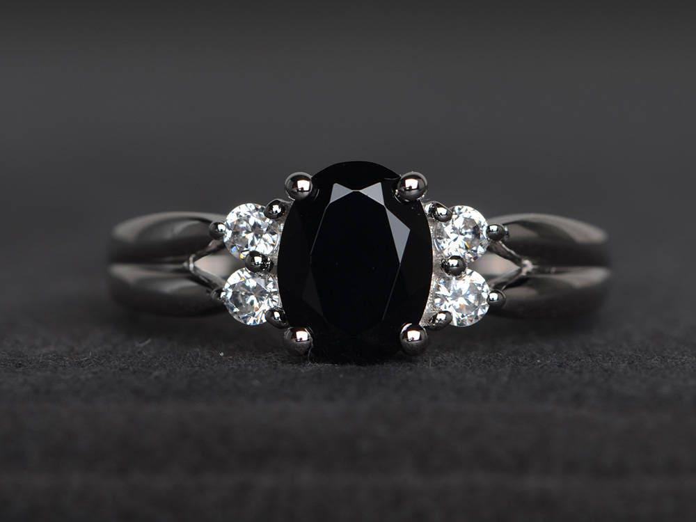 Vorschlag Ring Natürliche Schwarze Spinell Edelsteine Ovale Geschliffene Edelstein Sterling Silber von XiaoCuiJewelry