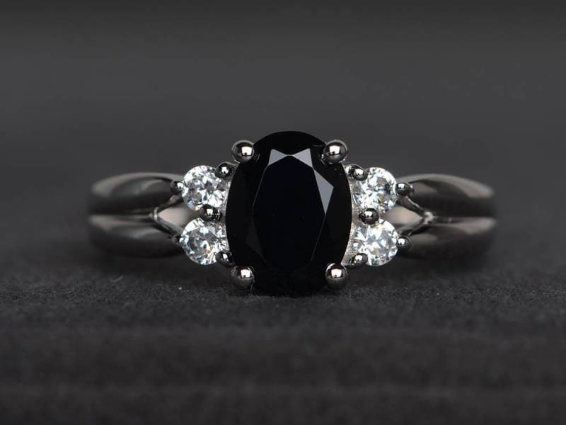 Vorschlag Ring Natürliche Schwarze Spinell Edelsteine Ovale Geschliffene Edelstein Sterling Silber von XiaoCuiJewelry
