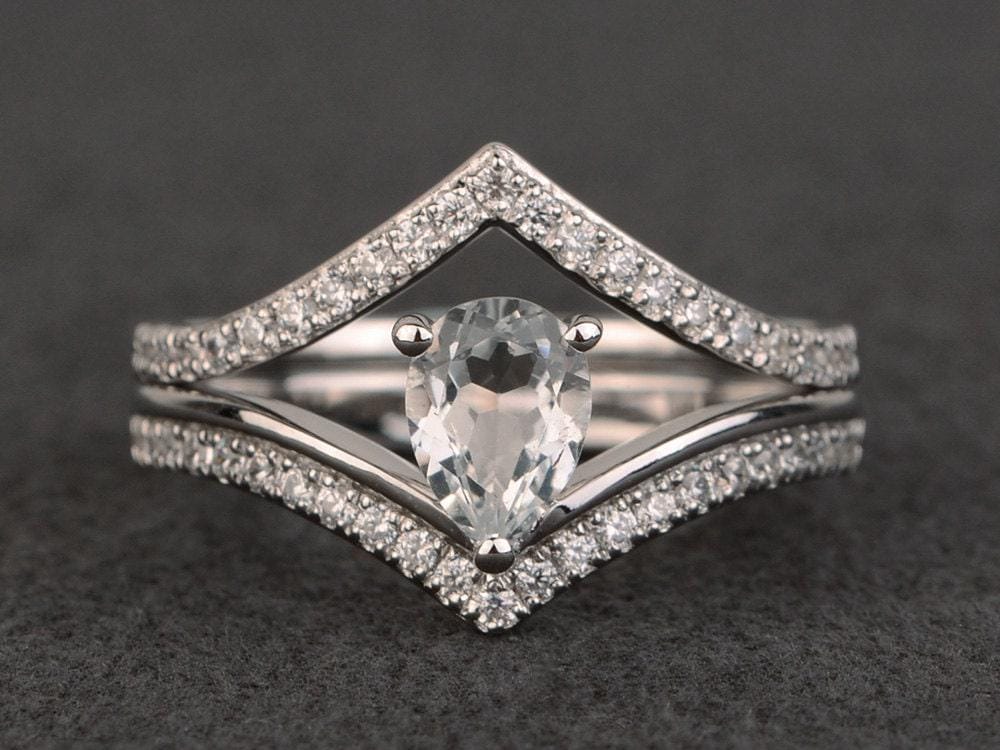 Weißer Topas Ring Trauringset Verlobungsring Silber Ehering Edelsteinring Tropfen von XiaoCuiJewelry