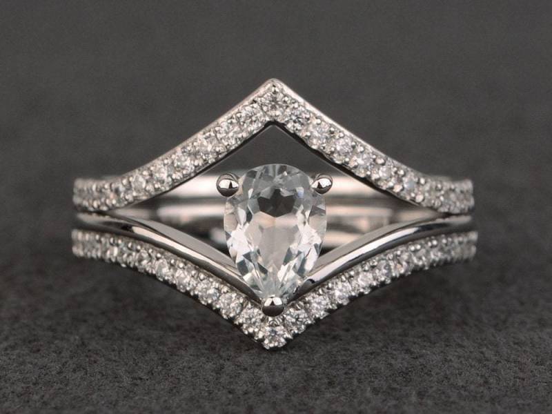 Weißer Topas Ring Trauringset Verlobungsring Silber Ehering Edelsteinring Tropfen von XiaoCuiJewelry